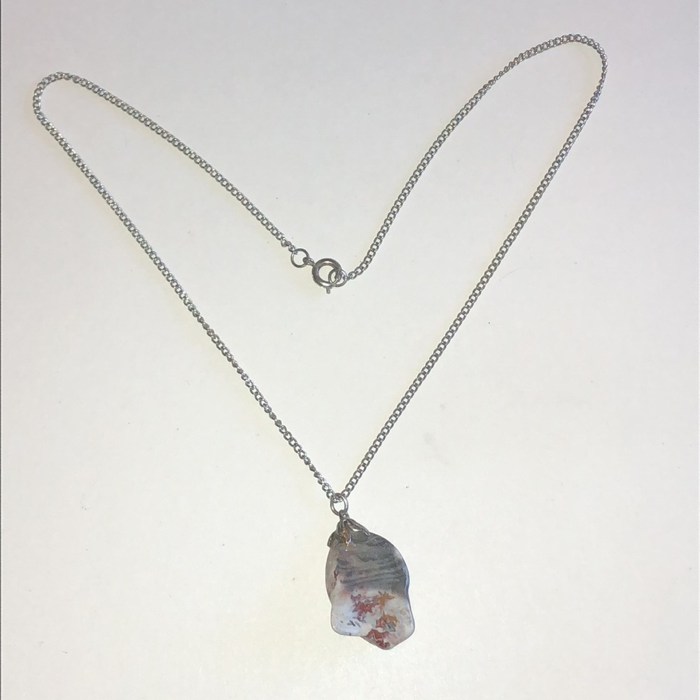 Silver Tone Chain Necklace with Irregular White and Peach Stone Pendant - Picture 4 of 6